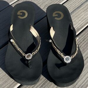 G by Guess; Black; Wedge Heel; Rhinestone Chain; Flip Flop/Sandals; Women's 9.5